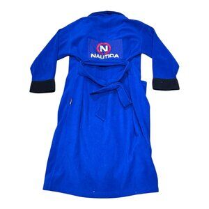Vintage 90s Nautica Royal Dark Blue Fleece Bathrobe Logo Robe & Belt One Size